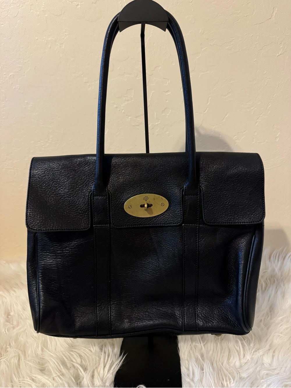 Classic Black Mulberry Leather Shoulder Tote -